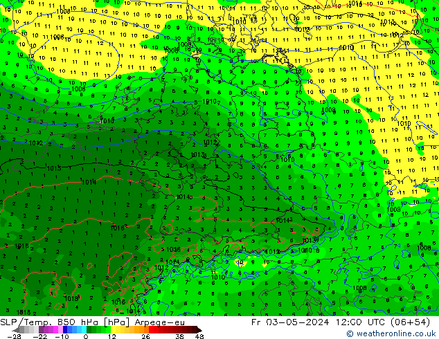 SLP/Temp. 850 hPa Arpege-eu Sex 03.05.2024 12 UTC