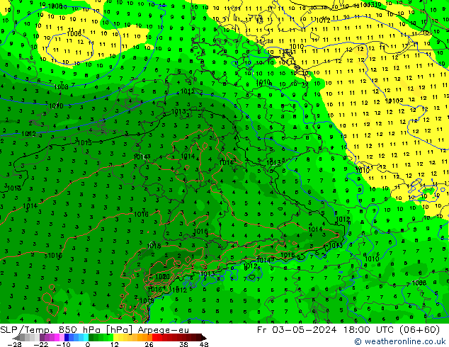 SLP/Temp. 850 hPa Arpege-eu Fr 03.05.2024 18 UTC