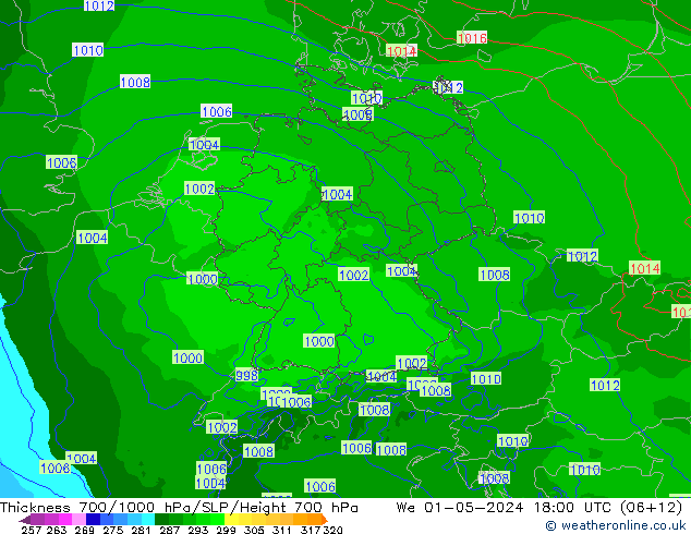 Thck 700-1000 гПа Arpege-eu ср 01.05.2024 18 UTC