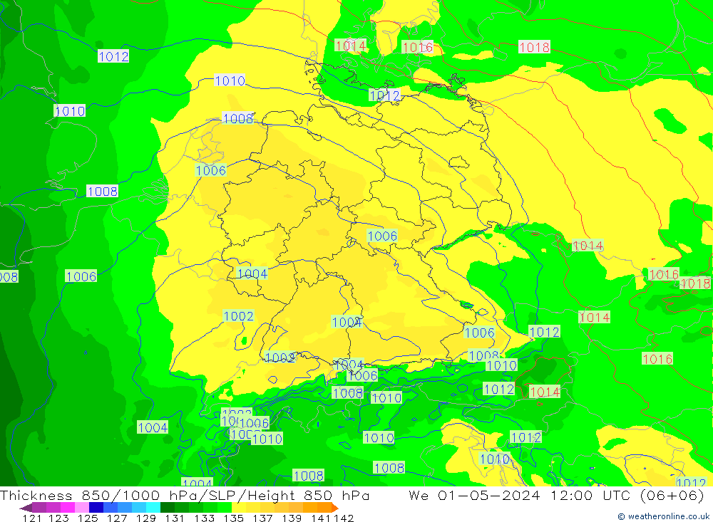 Thck 850-1000 гПа Arpege-eu ср 01.05.2024 12 UTC