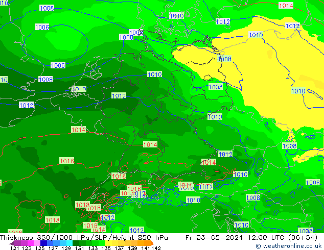 Dikte 850-1000 hPa Arpege-eu vr 03.05.2024 12 UTC