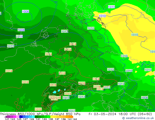 Dikte 850-1000 hPa Arpege-eu vr 03.05.2024 18 UTC