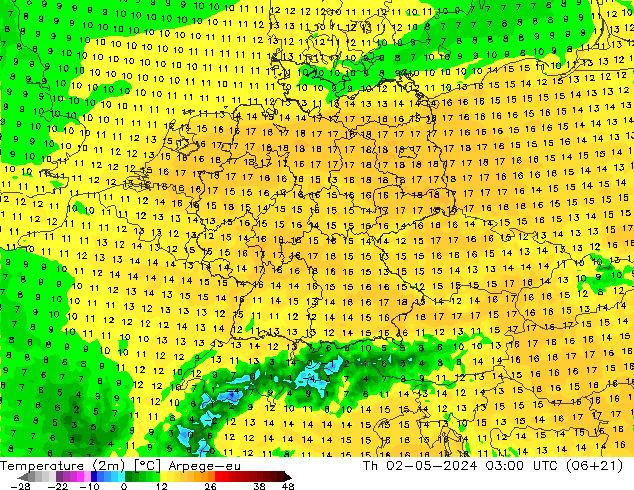 Temperaturkarte (2m) Arpege-eu Do 02.05.2024 03 UTC