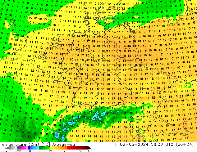 Temperature (2m) Arpege-eu Th 02.05.2024 06 UTC