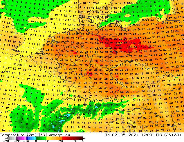 Temperatura (2m) Arpege-eu gio 02.05.2024 12 UTC