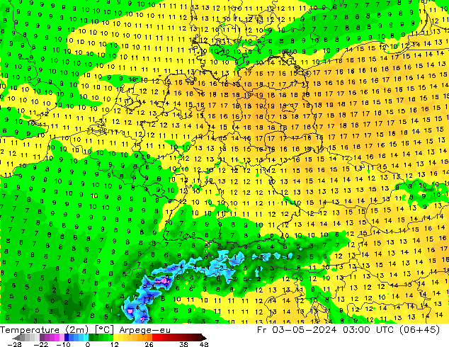 Temperatura (2m) Arpege-eu Sex 03.05.2024 03 UTC