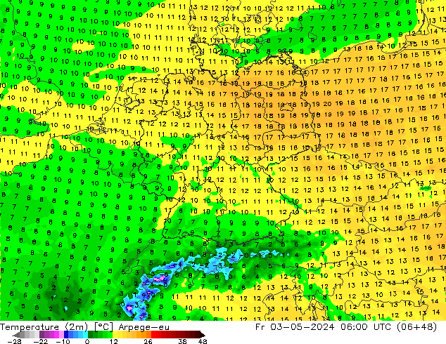 température (2m) Arpege-eu ven 03.05.2024 06 UTC