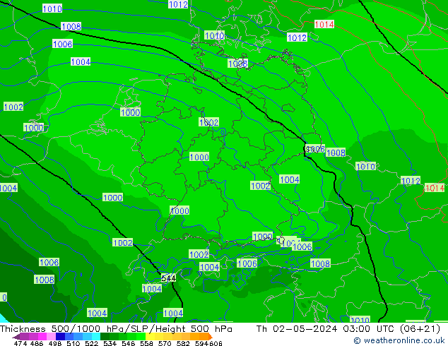 Espesor 500-1000 hPa Arpege-eu jue 02.05.2024 03 UTC