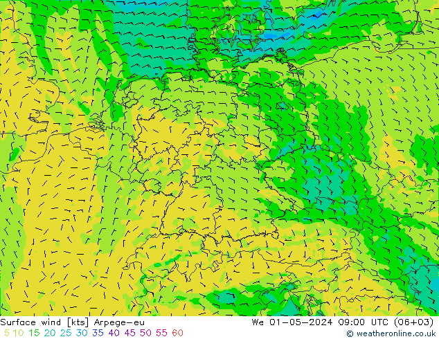 wiatr 10 m Arpege-eu śro. 01.05.2024 09 UTC