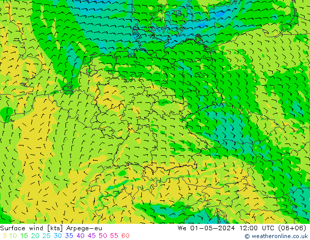 Vento 10 m Arpege-eu mer 01.05.2024 12 UTC