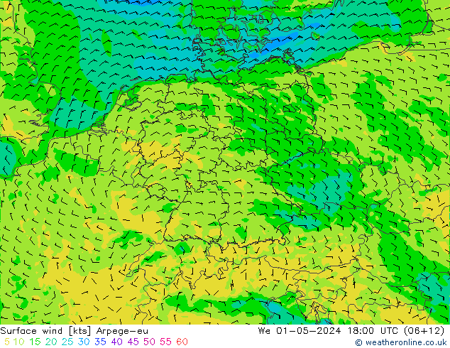 Vento 10 m Arpege-eu mer 01.05.2024 18 UTC