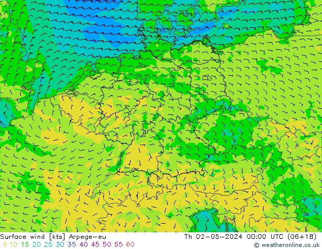 Surface wind Arpege-eu Čt 02.05.2024 00 UTC