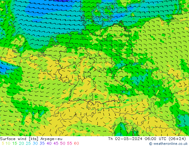 Surface wind Arpege-eu Th 02.05.2024 06 UTC