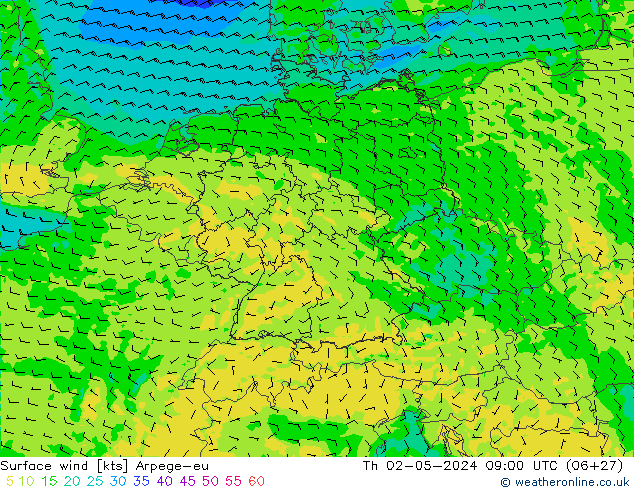 wiatr 10 m Arpege-eu czw. 02.05.2024 09 UTC