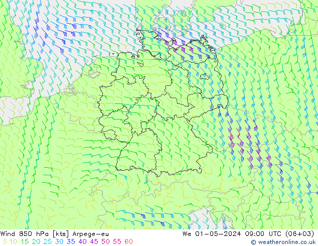 Viento 850 hPa Arpege-eu mié 01.05.2024 09 UTC