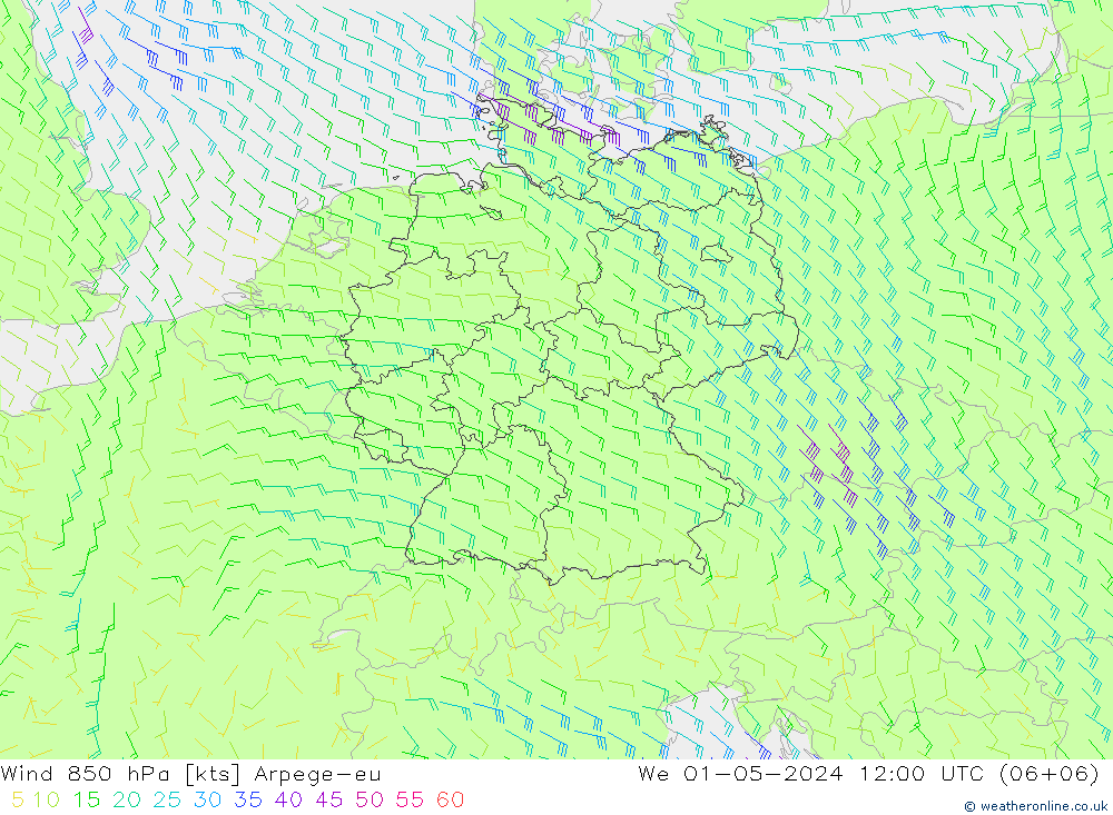 Vent 850 hPa Arpege-eu mer 01.05.2024 12 UTC