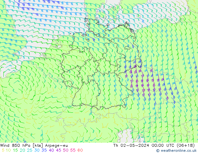 Wind 850 hPa Arpege-eu Th 02.05.2024 00 UTC