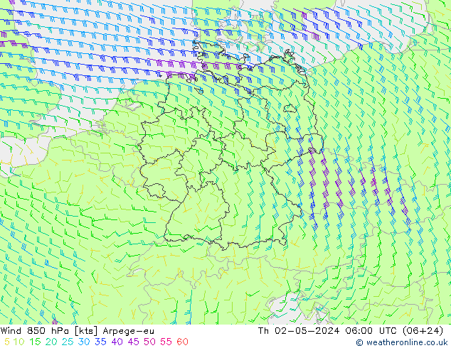 Wind 850 hPa Arpege-eu Th 02.05.2024 06 UTC