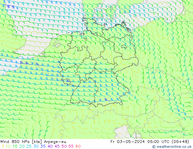 ветер 850 гПа Arpege-eu пт 03.05.2024 06 UTC