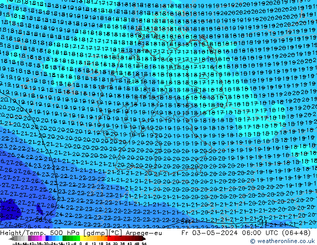 Height/Temp. 500 hPa Arpege-eu Pá 03.05.2024 06 UTC