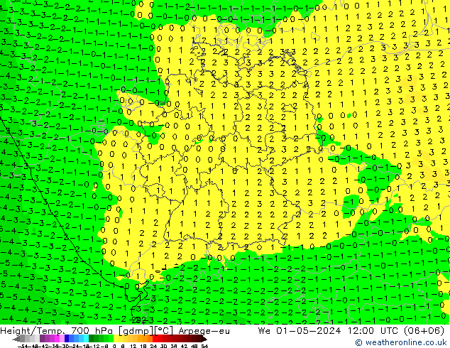 Height/Temp. 700 hPa Arpege-eu We 01.05.2024 12 UTC