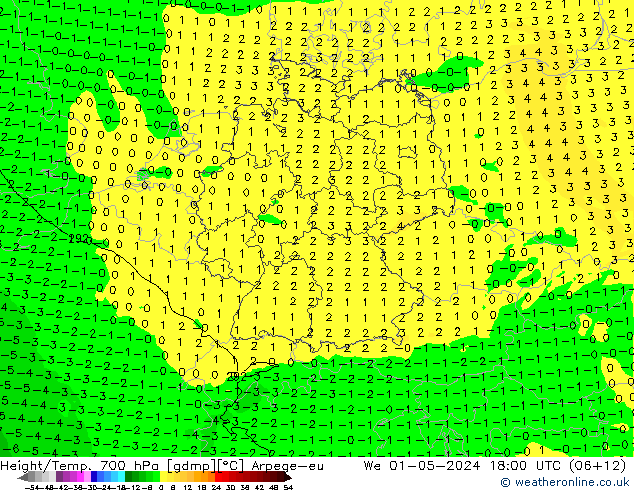 Height/Temp. 700 hPa Arpege-eu  01.05.2024 18 UTC