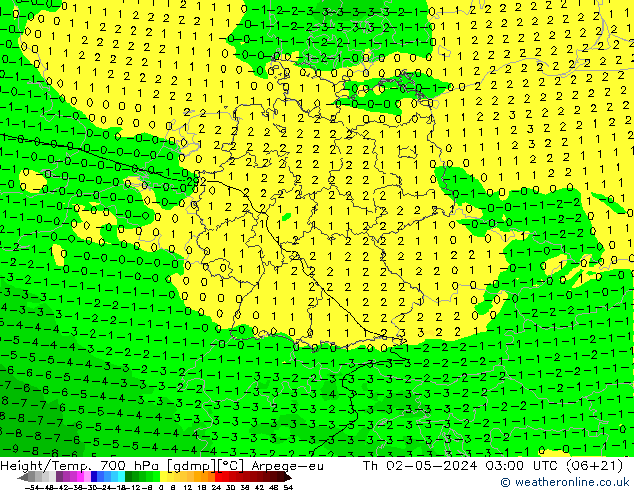 Height/Temp. 700 hPa Arpege-eu Th 02.05.2024 03 UTC