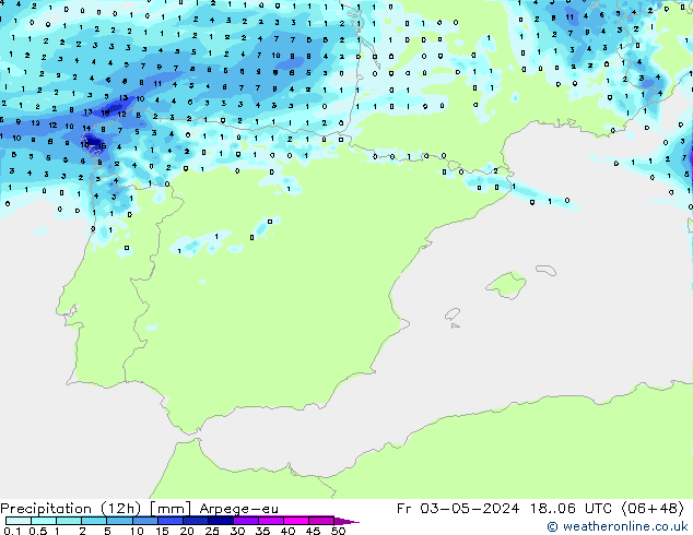 Totale neerslag (12h) Arpege-eu vr 03.05.2024 06 UTC