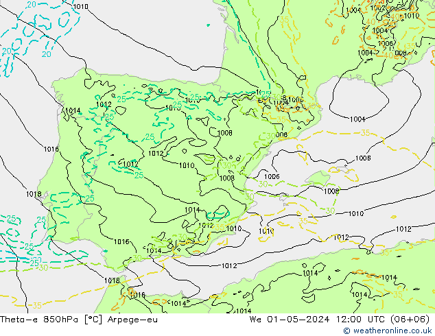 Theta-e 850hPa Arpege-eu We 01.05.2024 12 UTC