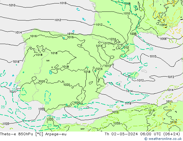 Theta-e 850hPa Arpege-eu Qui 02.05.2024 06 UTC