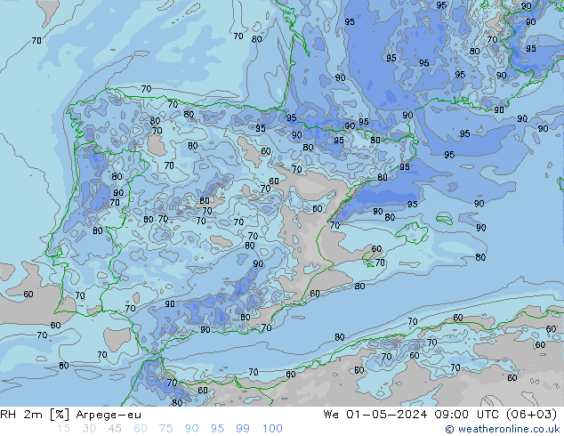 RH 2m Arpege-eu mer 01.05.2024 09 UTC