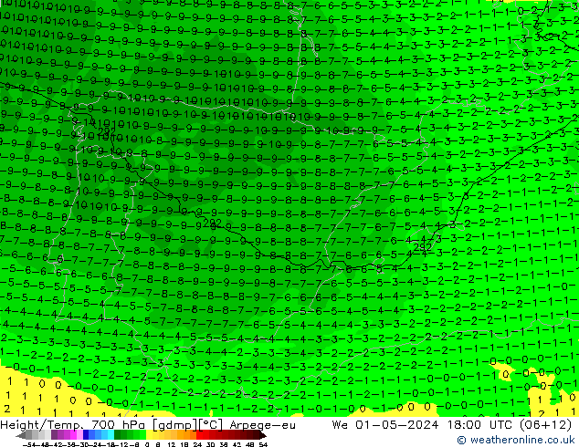 Yükseklik/Sıc. 700 hPa Arpege-eu Çar 01.05.2024 18 UTC