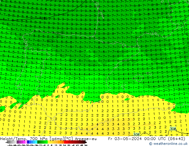 Hoogte/Temp. 700 hPa Arpege-eu vr 03.05.2024 00 UTC