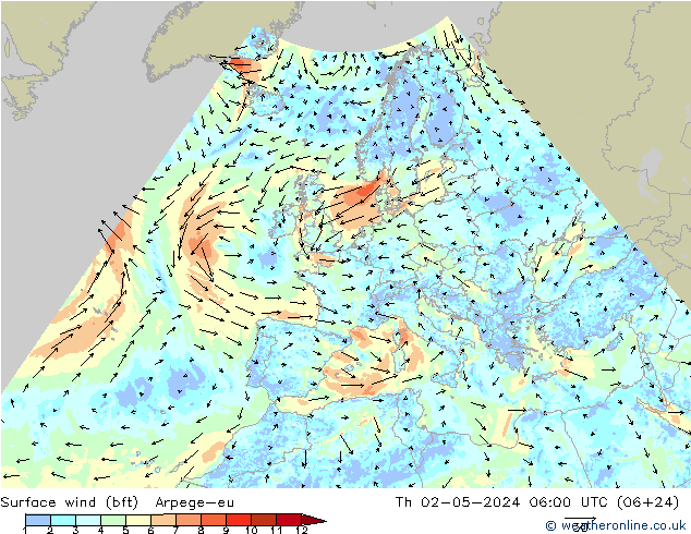 Surface wind (bft) Arpege-eu Th 02.05.2024 06 UTC
