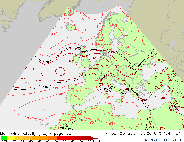 Max. wind velocity Arpege-eu vie 03.05.2024 00 UTC