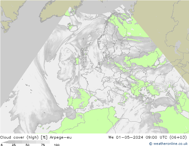 Cloud cover (high) Arpege-eu We 01.05.2024 09 UTC