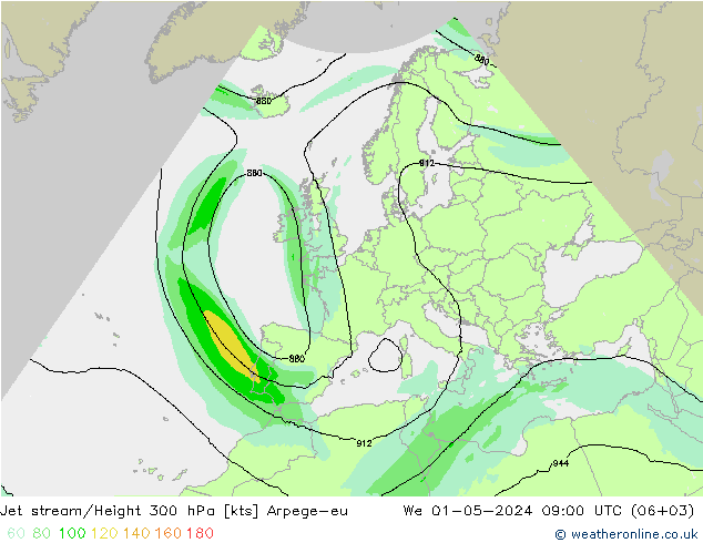 Jet stream/Height 300 hPa Arpege-eu We 01.05.2024 09 UTC