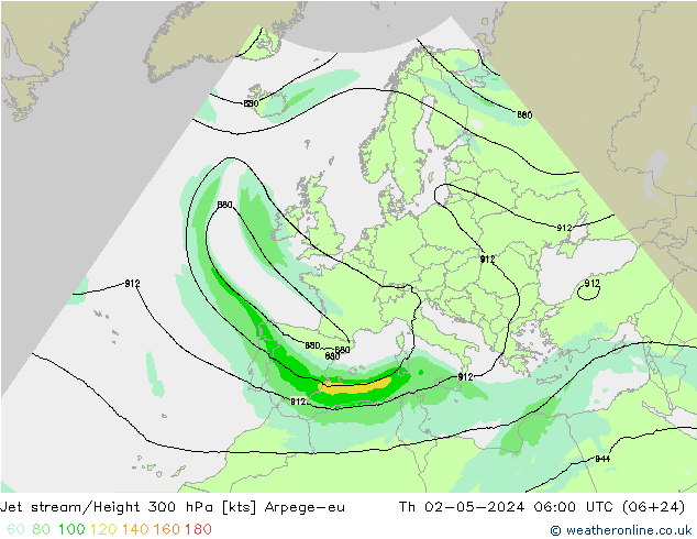 Jet stream/Height 300 hPa Arpege-eu Čt 02.05.2024 06 UTC
