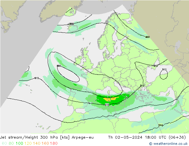 Jet stream/Height 300 hPa Arpege-eu Th 02.05.2024 18 UTC