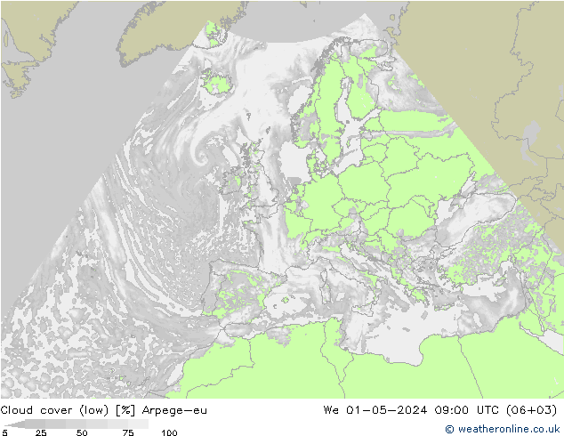 Cloud cover (low) Arpege-eu We 01.05.2024 09 UTC
