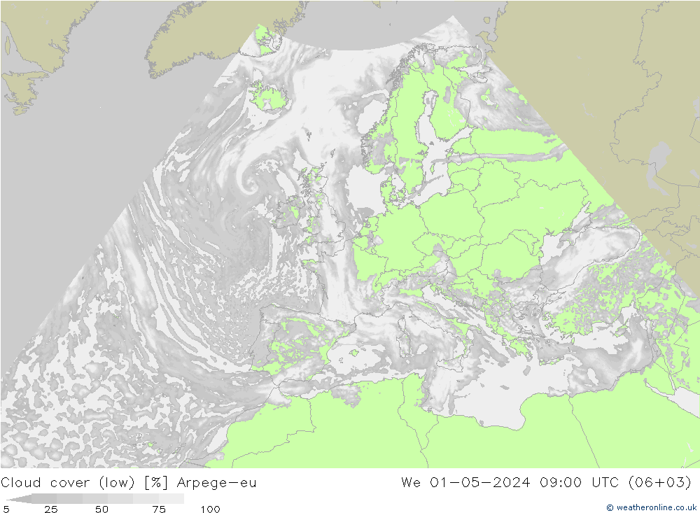 Cloud cover (low) Arpege-eu We 01.05.2024 09 UTC