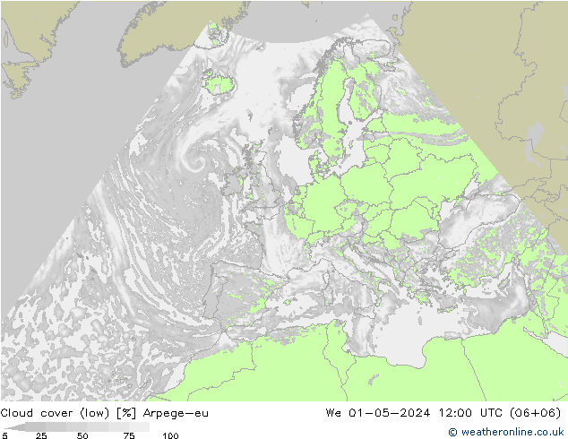 Cloud cover (low) Arpege-eu We 01.05.2024 12 UTC