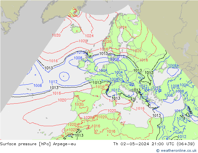 Presión superficial Arpege-eu jue 02.05.2024 21 UTC