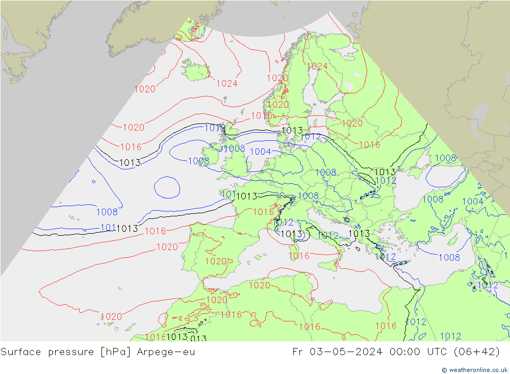 Pressione al suolo Arpege-eu ven 03.05.2024 00 UTC