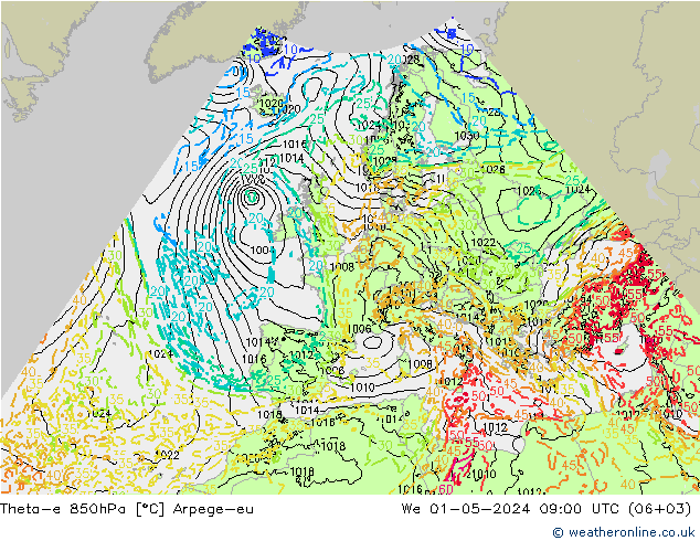 Theta-e 850hPa Arpege-eu mer 01.05.2024 09 UTC