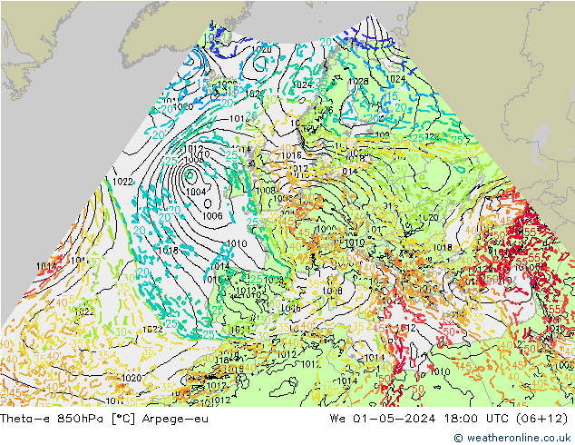 Theta-e 850hPa Arpege-eu Mi 01.05.2024 18 UTC