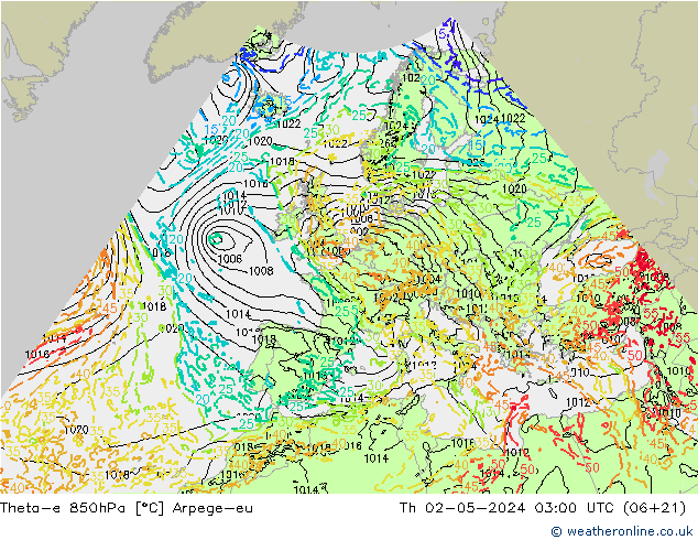 Theta-e 850hPa Arpege-eu Th 02.05.2024 03 UTC