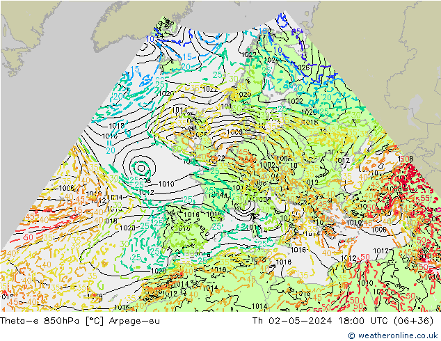 Theta-e 850hPa Arpege-eu czw. 02.05.2024 18 UTC