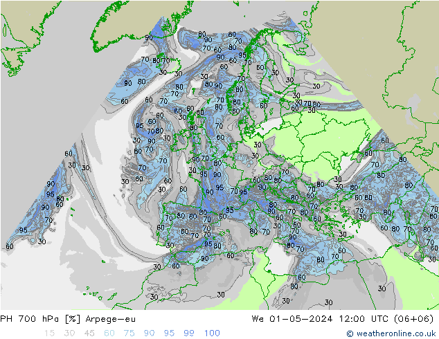 RH 700 hPa Arpege-eu mer 01.05.2024 12 UTC