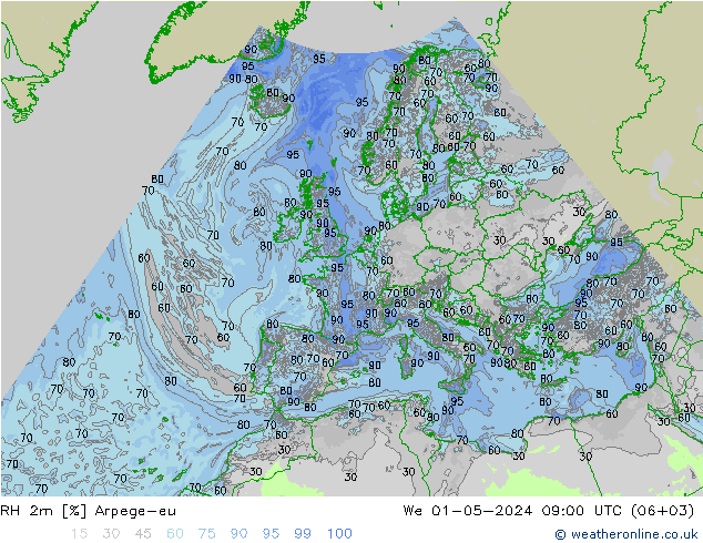 RH 2m Arpege-eu We 01.05.2024 09 UTC